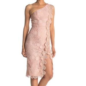 REISS Mena Crochet Lace One Shoulder Asymmetrical Neck Sleeveless Dress, Nude